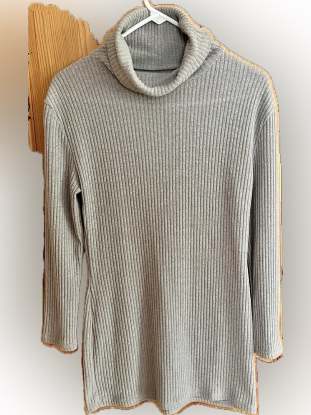 Gray Ribbed Turtleneck Sweater Tunic Medium Fitted Long Knit Pullover Cozy VTG